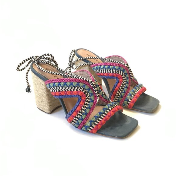 Anthropologie Ferracci Lace Up Kilim Sandals Womens 39 9 Pink Blue Block Heels - Picture 3 of 11
